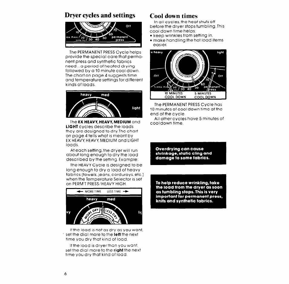 Dryer cycles and settings, Cool down times | Whirlpool 3LE5710XM User Manual | Page 6 / 12