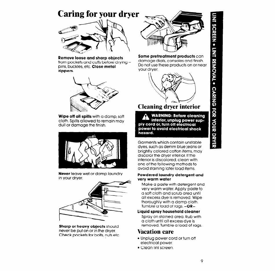 Caring for your dryer, Cleaning dryer interior, Vacation care | Whirlpool 3LE5710XM User Manual | Page 9 / 12