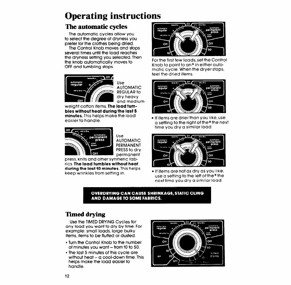 Operating instructions, The automatic cycles, Timed drying | Whirlpool LT5008XM User Manual | Page 12 / 20