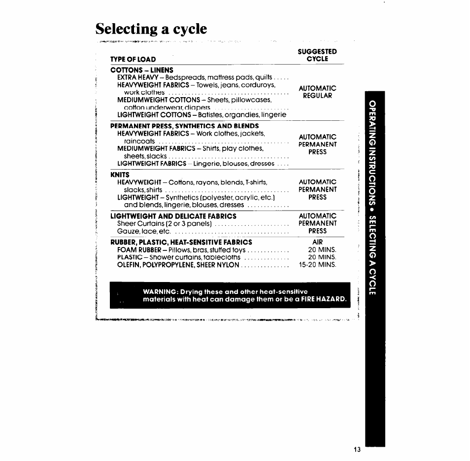 Selecting a cycle | Whirlpool LT5008XM User Manual | Page 13 / 20