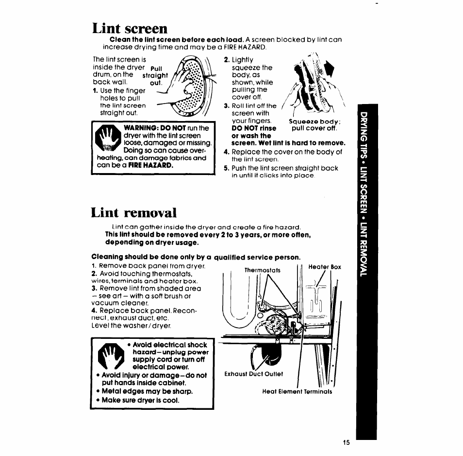 Lint screen, Lint removal | Whirlpool LT5008XM User Manual | Page 15 / 20