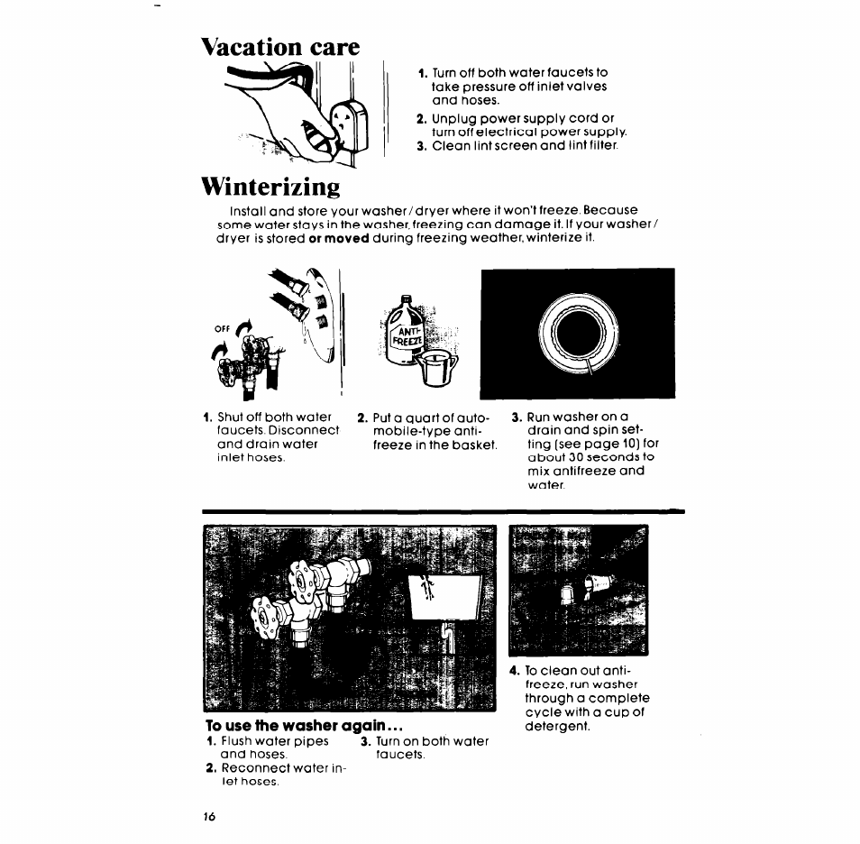 To use the washer again, Vacation care winterizing | Whirlpool LT5008XM User Manual | Page 16 / 20