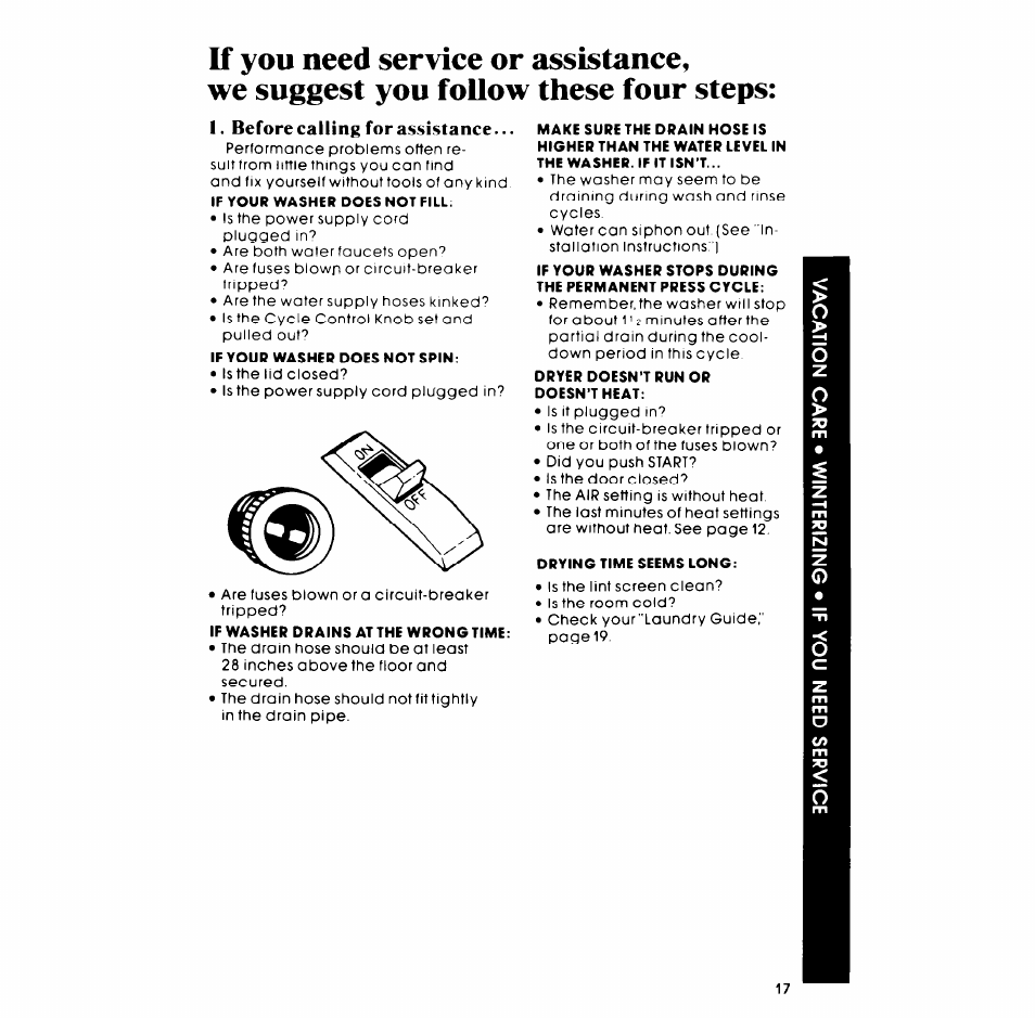 Make sure the drain hose is, Higher than the water level in, The washer. if it isn’t | If your washer stops during, The permanent press cycle, Dryer doesn't run or, Doesn’t heat, Drying time seems long, Before calling for assistance | Whirlpool LT5008XM User Manual | Page 17 / 20
