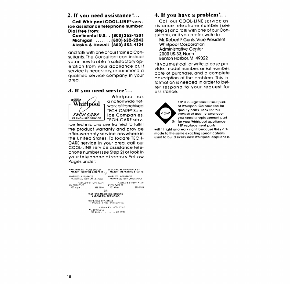 Whifip^l, If you need assistance, If you need service | If you have a problem | Whirlpool LT5008XM User Manual | Page 18 / 20