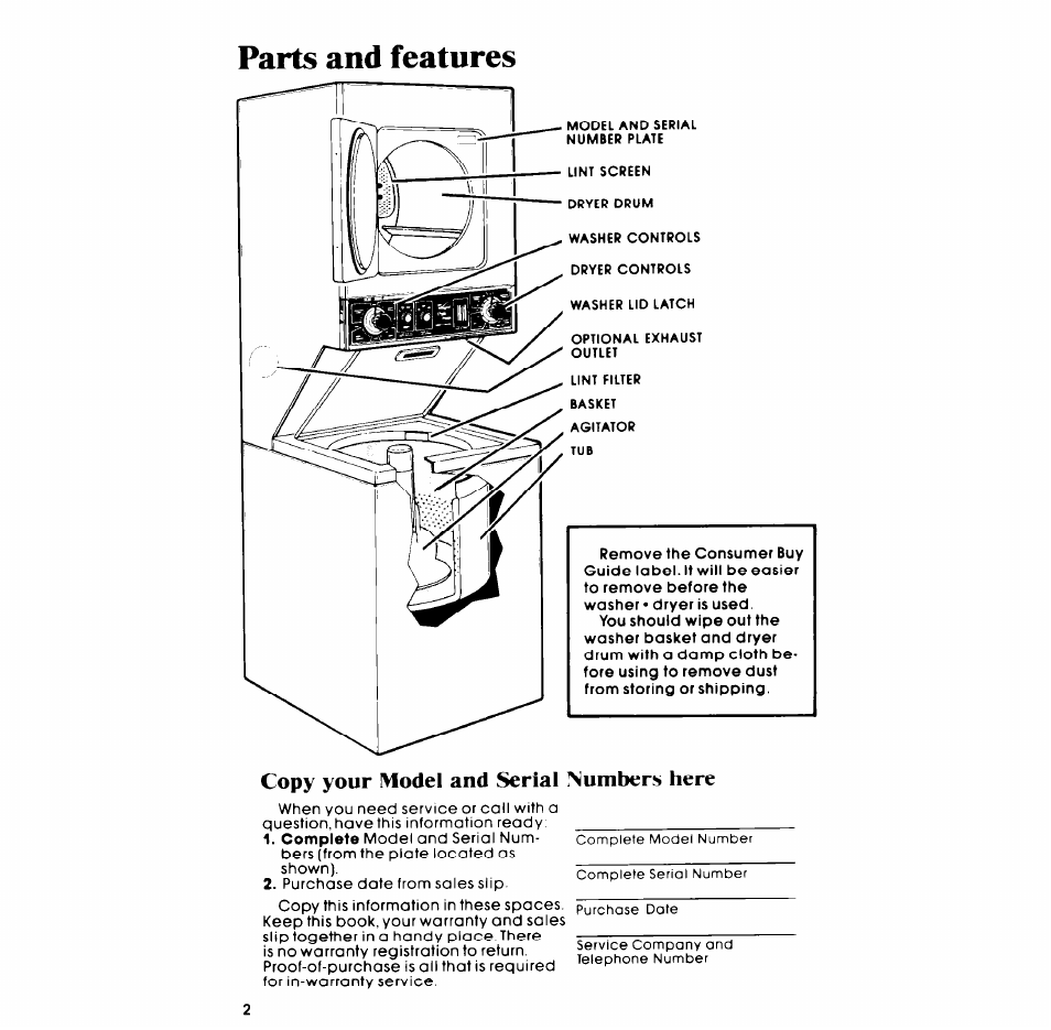 Parts and features, Copy your model and serial numbers here | Whirlpool LT5008XM User Manual | Page 2 / 20