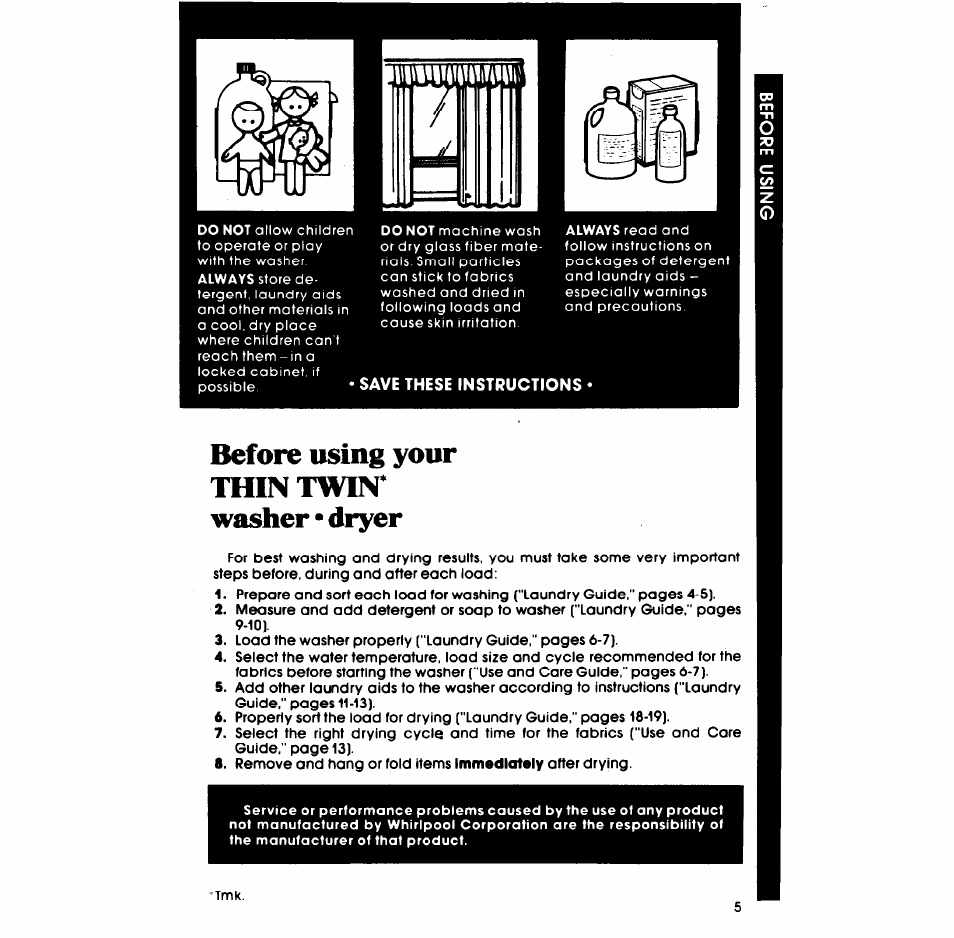 Before using your thin twin* washer »dryer | Whirlpool LT5008XM User Manual | Page 5 / 20