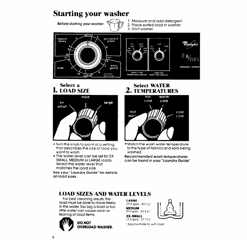 Starting your washer, Select water, Temperatures | Load sizes and water levels, Select a, Load size, Iwri | Whirlpool LT5008XM User Manual | Page 6 / 20