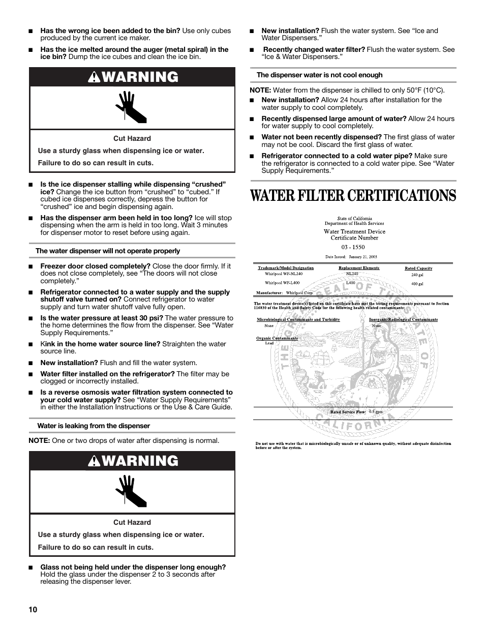 Water filter certifications, Warning | Whirlpool 2188771 User Manual | Page 10 / 40