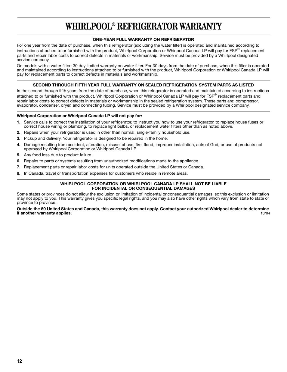 Whirlpool, Refrigerator warranty | Whirlpool 2188771 User Manual | Page 12 / 40