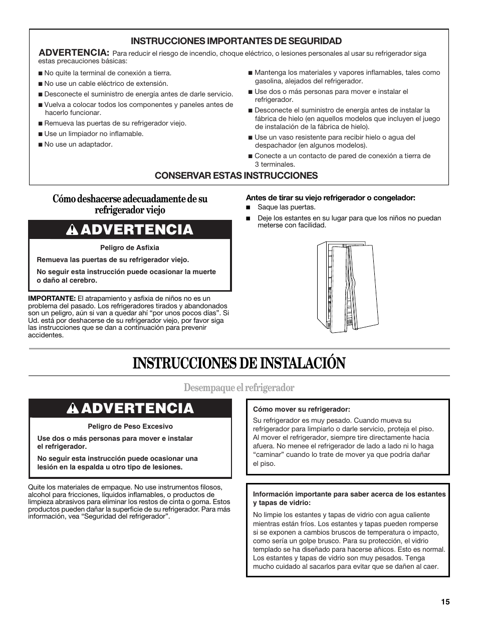 Instrucciones de instalación, Advertencia, Desempaque el refrigerador | Whirlpool 2188771 User Manual | Page 15 / 40