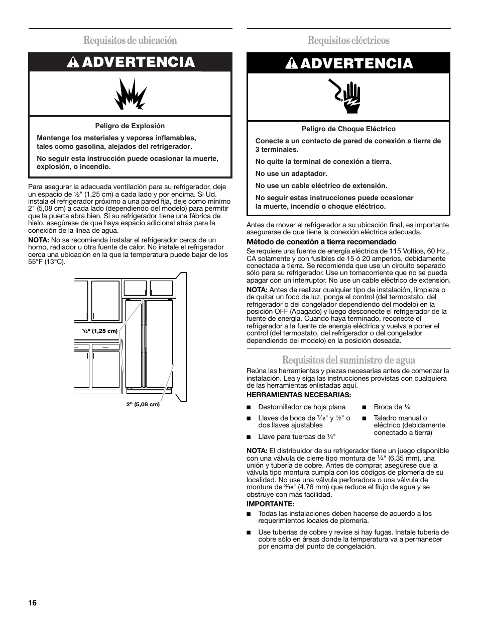 Advertencia, Requisitos de ubicación, Requisitos eléctricos | Requisitos del suministro de agua | Whirlpool 2188771 User Manual | Page 16 / 40