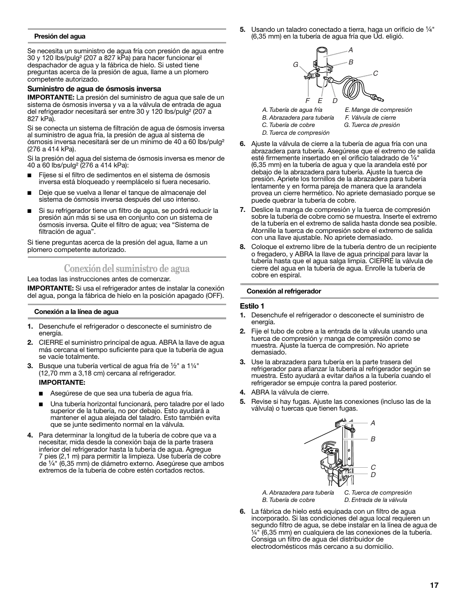 Conexión del suministro de agua | Whirlpool 2188771 User Manual | Page 17 / 40