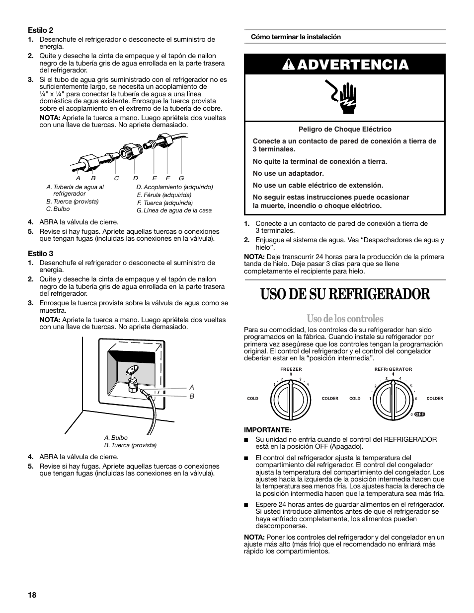 Uso de su refrigerador, Advertencia, Uso de los controles | Whirlpool 2188771 User Manual | Page 18 / 40