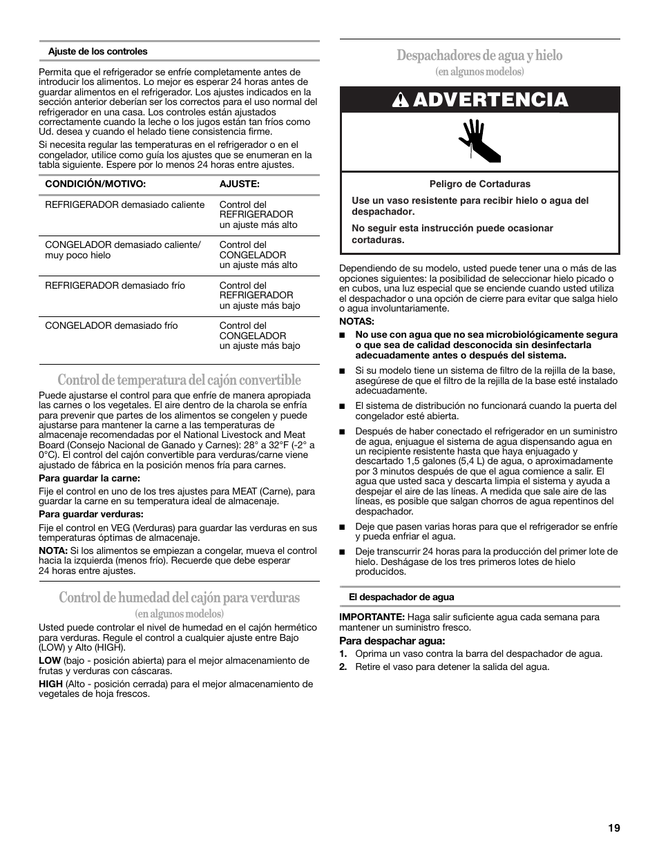 Advertencia, Control de temperatura del cajón convertible, Control de humedad del cajón para verduras | Despachadores de agua y hielo | Whirlpool 2188771 User Manual | Page 19 / 40