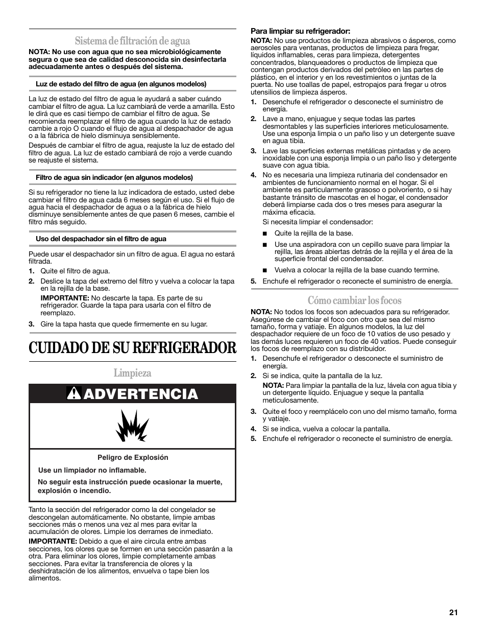 Cuidado de su refrigerador, Advertencia, Sistema de filtración de agua | Limpieza, Cómo cambiar los focos | Whirlpool 2188771 User Manual | Page 21 / 40