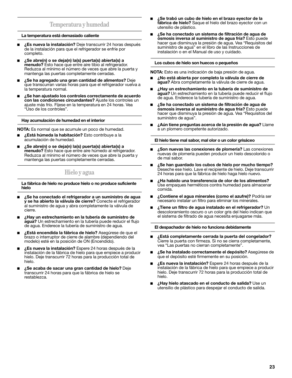 Temperatura y humedad, Hielo y agua | Whirlpool 2188771 User Manual | Page 23 / 40