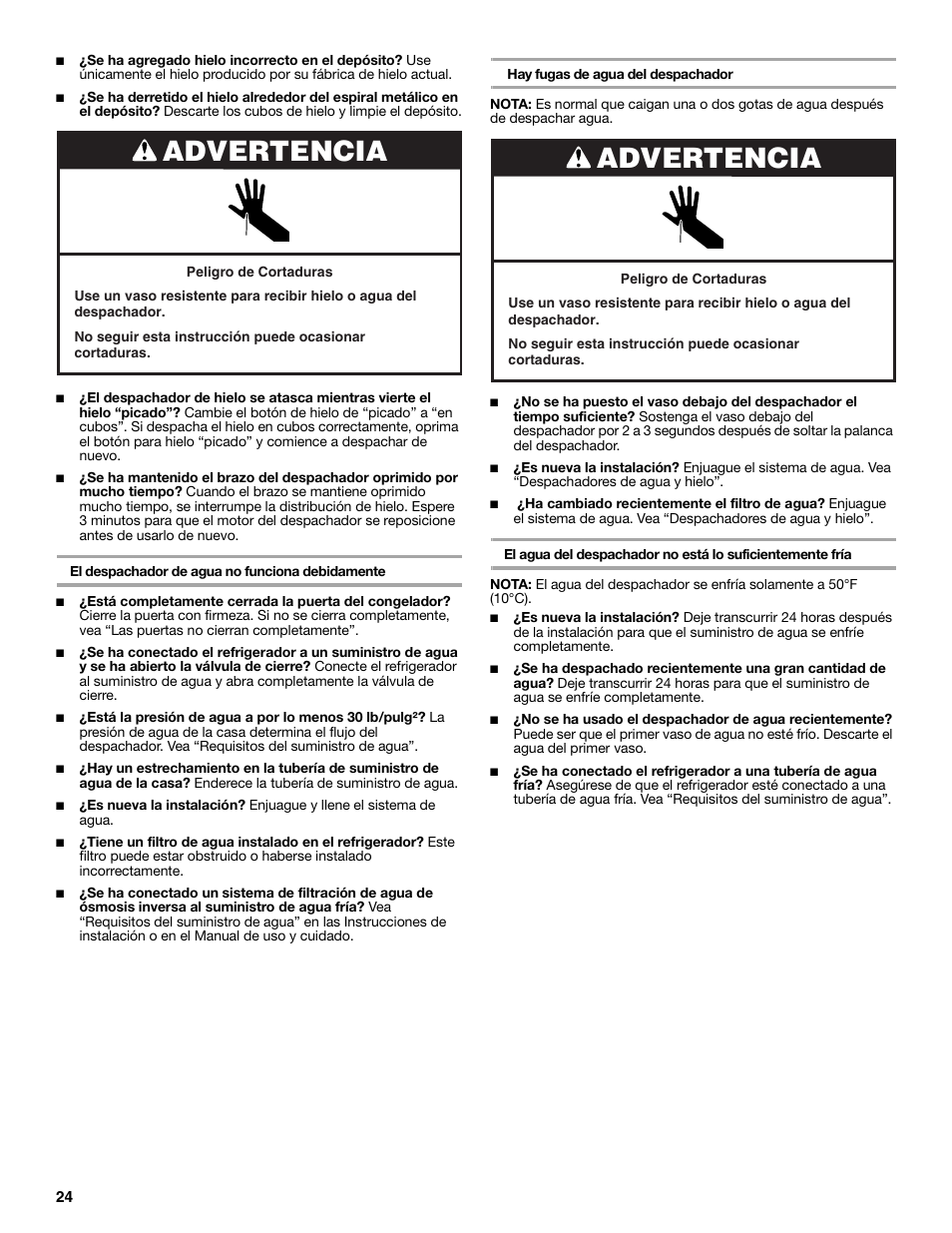Advertencia | Whirlpool 2188771 User Manual | Page 24 / 40