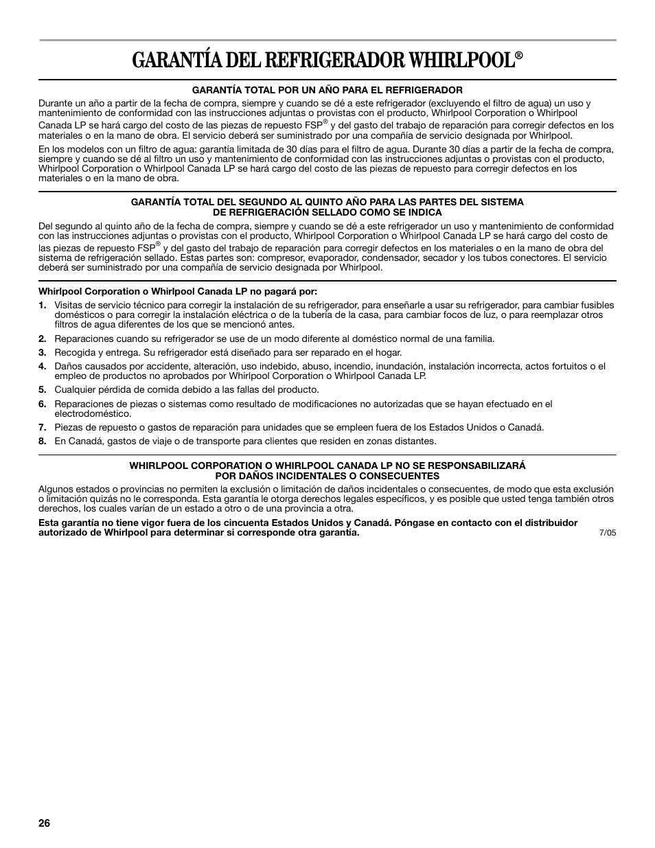 Garantía del refrigerador whirlpool | Whirlpool 2188771 User Manual | Page 26 / 40