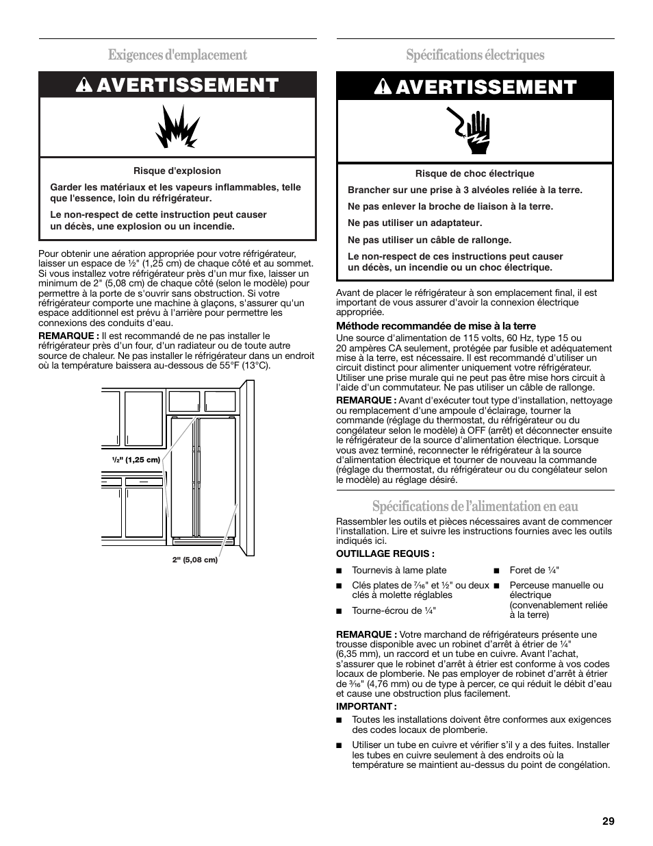 Avertissement, Exigences d'emplacement, Spécifications électriques | Spécifications de l’alimentation en eau | Whirlpool 2188771 User Manual | Page 29 / 40