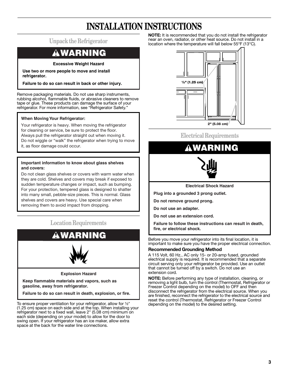Installation instructions, Warning, Unpack the refrigerator | Location requirements, Electrical requirements | Whirlpool 2188771 User Manual | Page 3 / 40