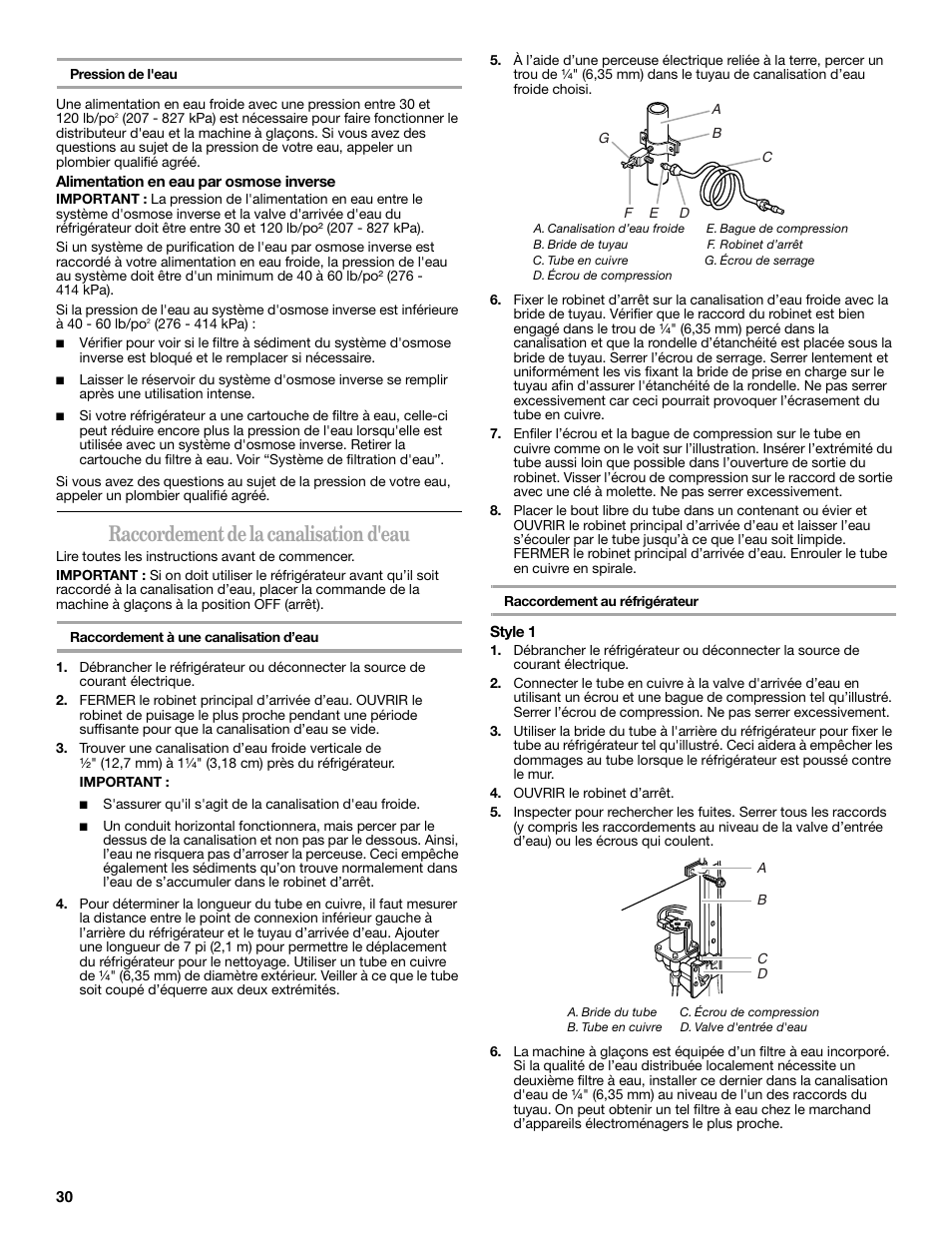 Raccordement de la canalisation d'eau | Whirlpool 2188771 User Manual | Page 30 / 40