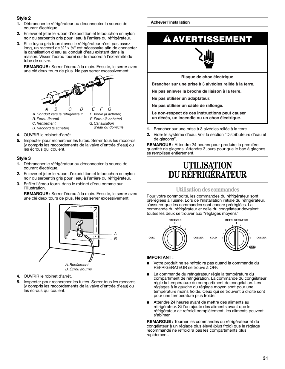 Utilisation du réfrigérateur, Avertissement, Utilisation des commandes | Whirlpool 2188771 User Manual | Page 31 / 40