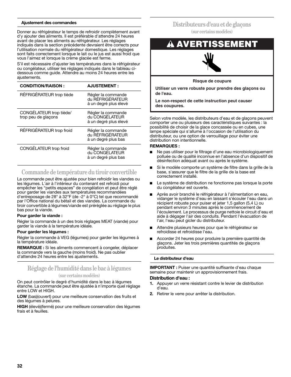 Avertissement, Commande de température du tiroir convertible, Réglage de l'humidité dans le bac à légumes | Distributeurs d'eau et de glaçons | Whirlpool 2188771 User Manual | Page 32 / 40