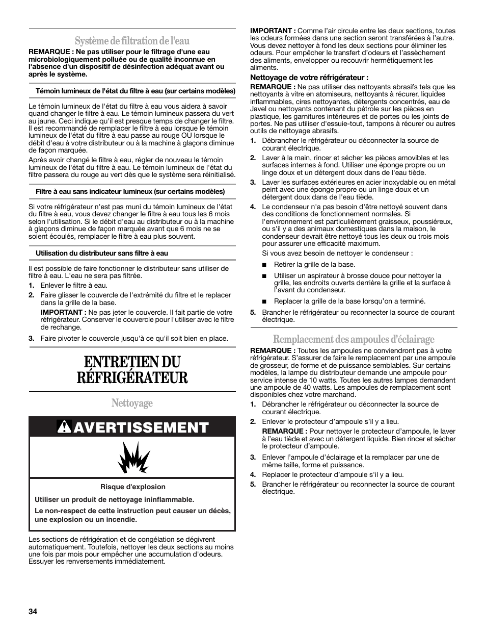 Entretien du réfrigérateur, Avertissement, Système de filtration de l'eau | Nettoyage, Remplacement des ampoules d’éclairage | Whirlpool 2188771 User Manual | Page 34 / 40