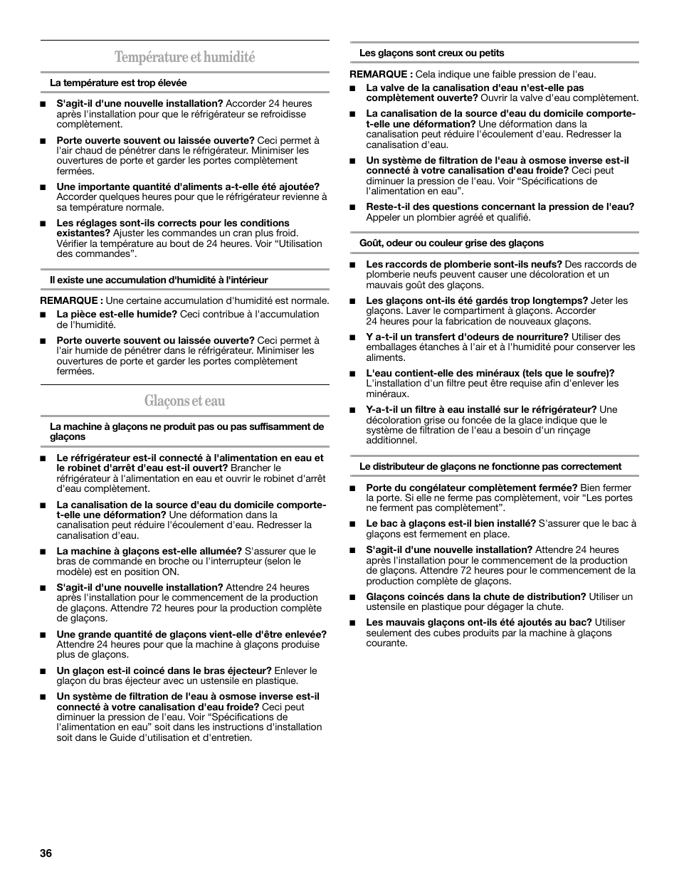 Température et humidité, Glaçons et eau | Whirlpool 2188771 User Manual | Page 36 / 40