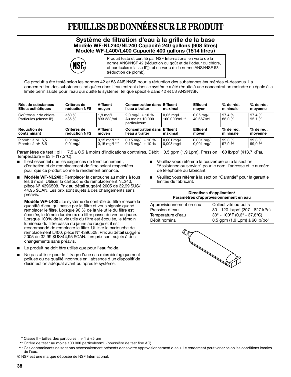 Feuilles de données sur le produit, Système de filtration d’eau à la grille de la base | Whirlpool 2188771 User Manual | Page 38 / 40