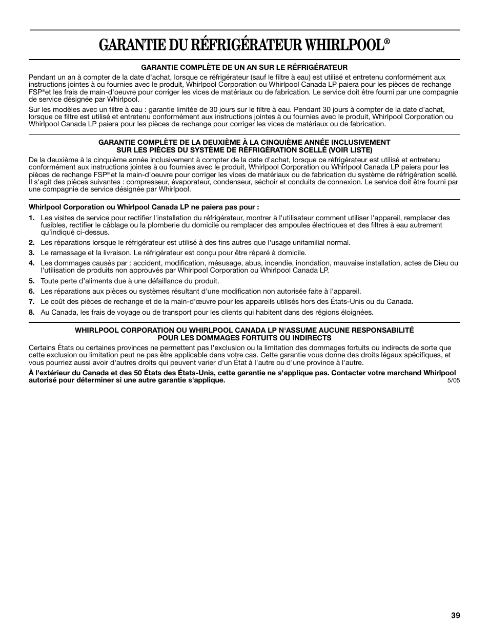 Garantie du réfrigérateur whirlpool | Whirlpool 2188771 User Manual | Page 39 / 40