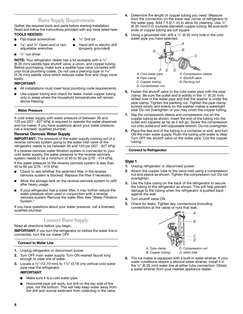 Water supply requirements, Connect water supply | Whirlpool 2188771 User Manual | Page 4 / 40