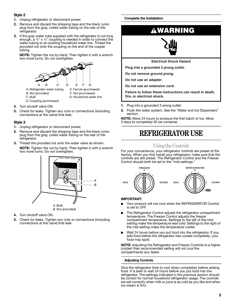 Refrigerator use, Warning, Using the controls | Whirlpool 2188771 User Manual | Page 5 / 40