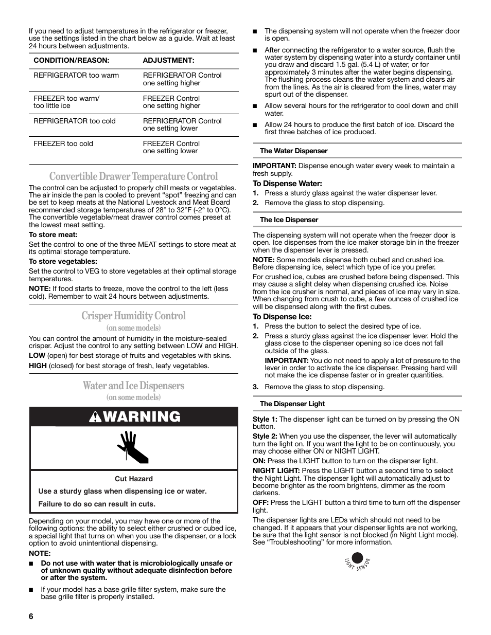 Warning, Convertible drawer temperature control, Crisper humidity control | Water and ice dispensers | Whirlpool 2188771 User Manual | Page 6 / 40