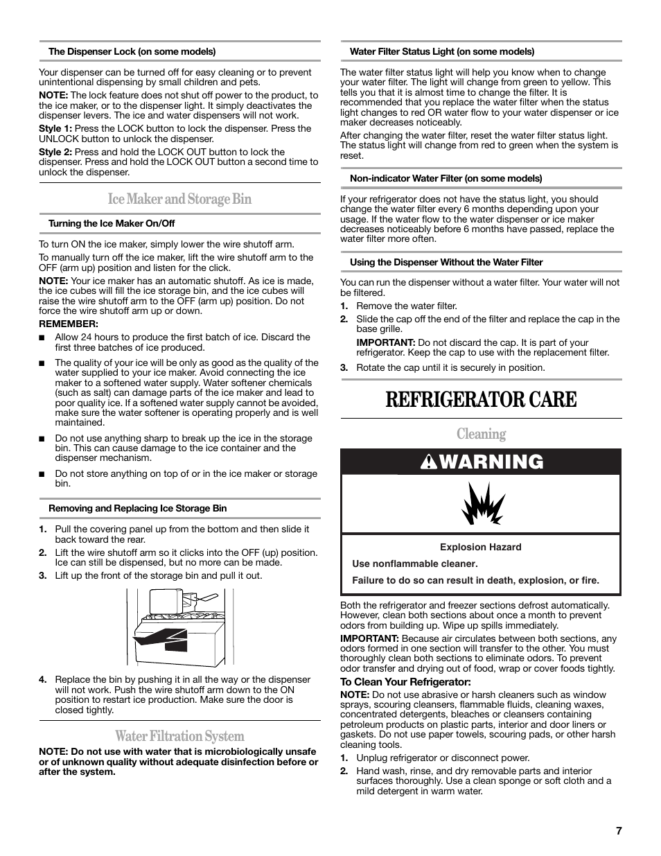 Refrigerator care, Warning, Ice maker and storage bin | Water filtration system, Cleaning | Whirlpool 2188771 User Manual | Page 7 / 40