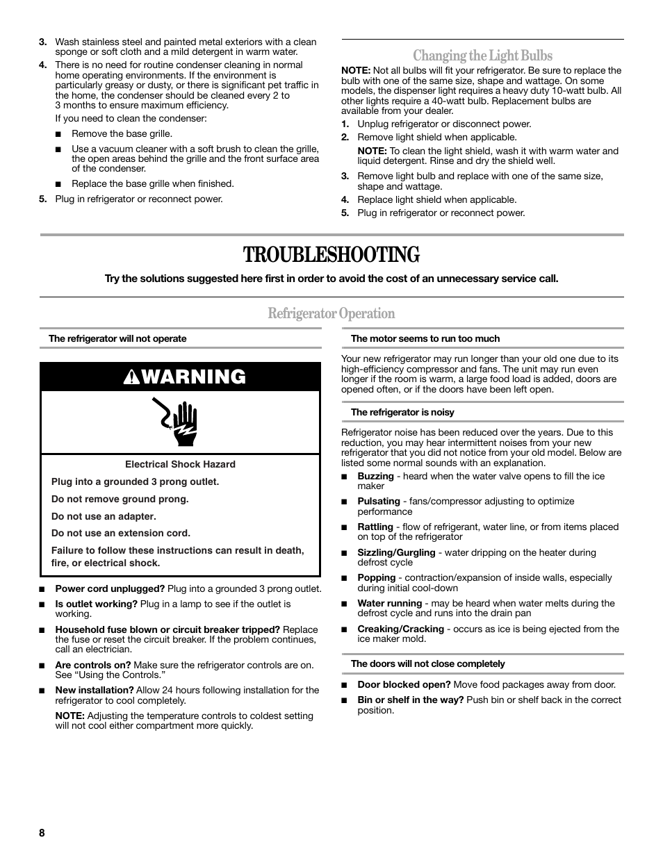 Troubleshooting, Warning, Changing the light bulbs | Refrigerator operation | Whirlpool 2188771 User Manual | Page 8 / 40