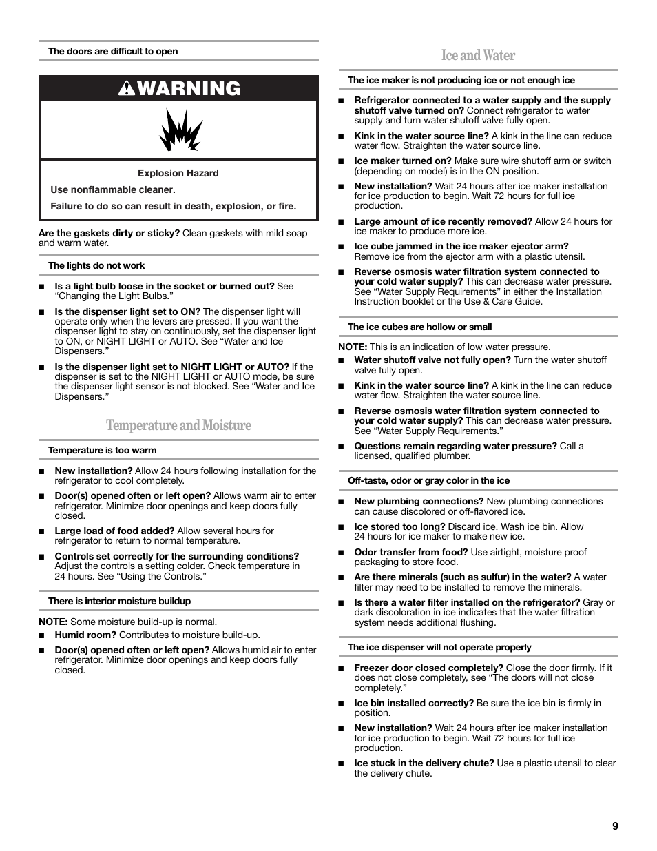 Warning, Temperature and moisture, Ice and water | Whirlpool 2188771 User Manual | Page 9 / 40