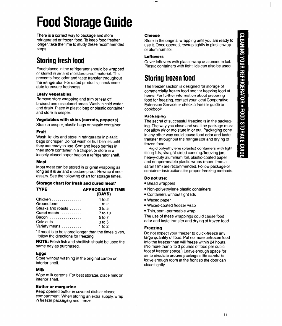 Food storage guide, Fruit, Meat | Type approximate time, Days), Milk, Cheese, Leftovers, Do not use, Storing fresh food | Whirlpool 3Ell8GK User Manual | Page 11 / 16