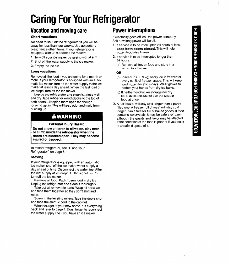 Caring for your refrigerator, Vacation and moving care, Power interruptions | Warning | Whirlpool 3Ell8GK User Manual | Page 13 / 16