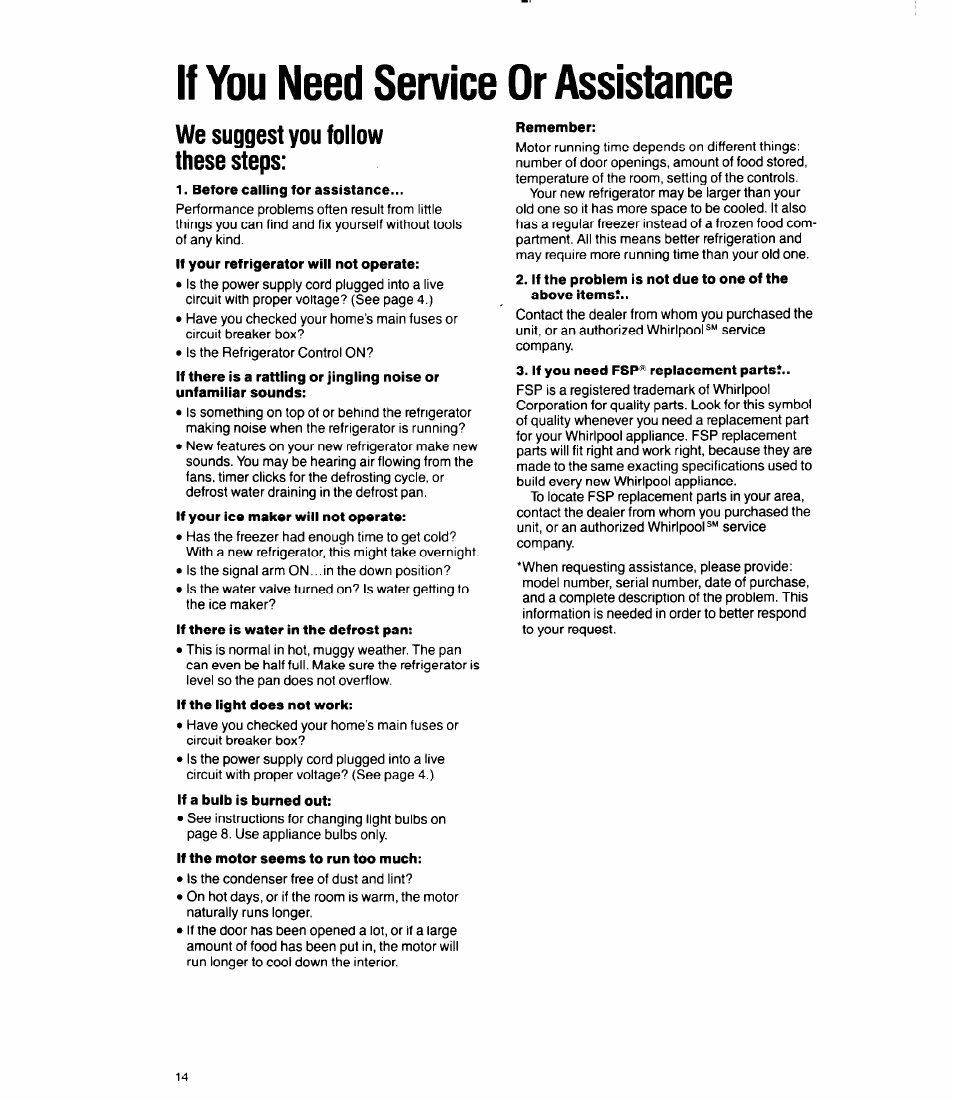 If you need service or assistance, Before calling for assistance, If a bulb is burned out | If the motor seems to run too much, Remember, If you need fsp® replacement parts, We suggest you follow these steps | Whirlpool 3Ell8GK User Manual | Page 14 / 16