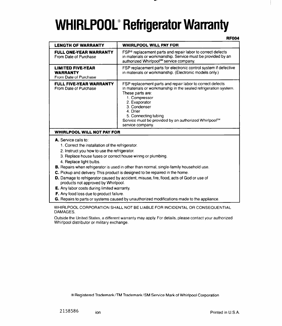 Whirlpool" refrigerator warranty, Whirlpool refrigerator warranty | Whirlpool 3Ell8GK User Manual | Page 16 / 16