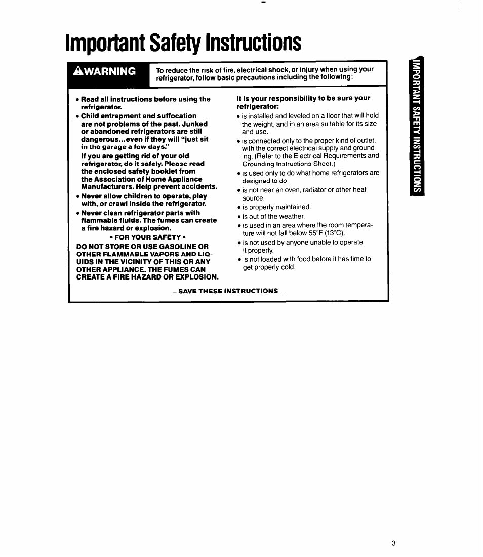 Important safety instructions, Warning | Whirlpool 3Ell8GK User Manual | Page 3 / 16