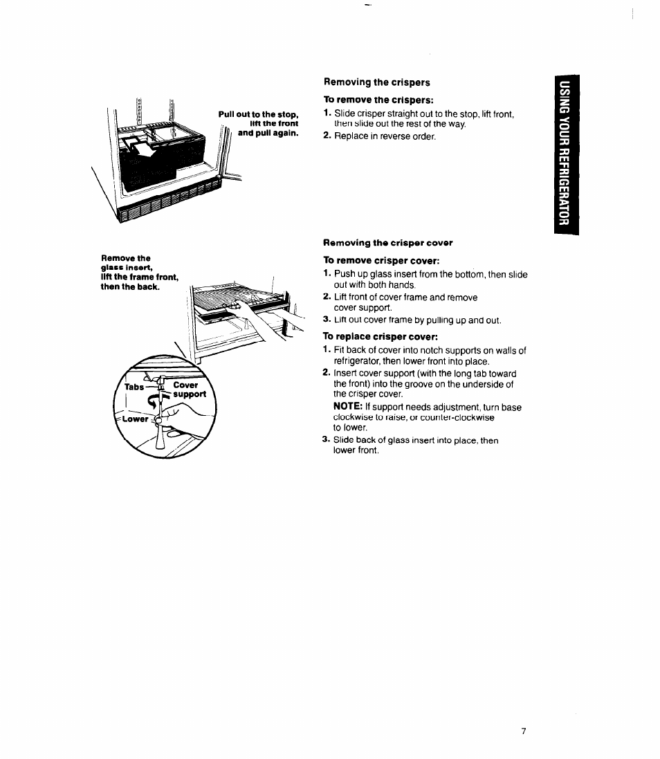 To remove the crispers, Removing the crisper cover, Removing the crispers removing the crisper cover | Whirlpool 3Ell8GK User Manual | Page 7 / 16