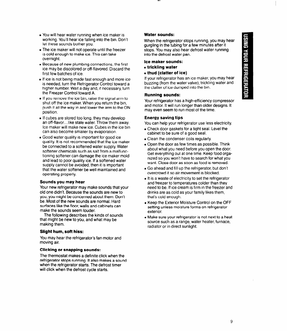 Water sounds, Ice maker sounds | Whirlpool 3Ell8GK User Manual | Page 9 / 16