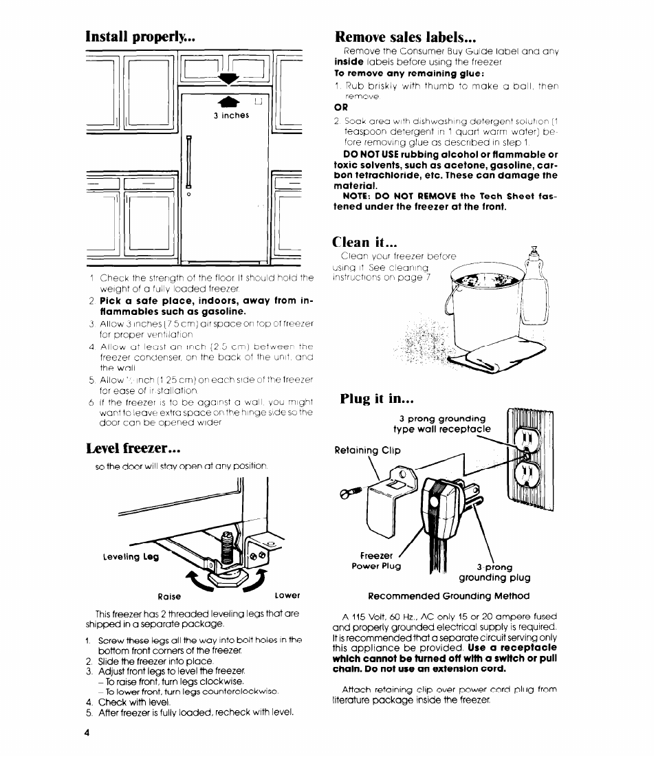 Install properly, Level freezer, Remove sales labels | Plug it in | Whirlpool EV190E User Manual | Page 4 / 12