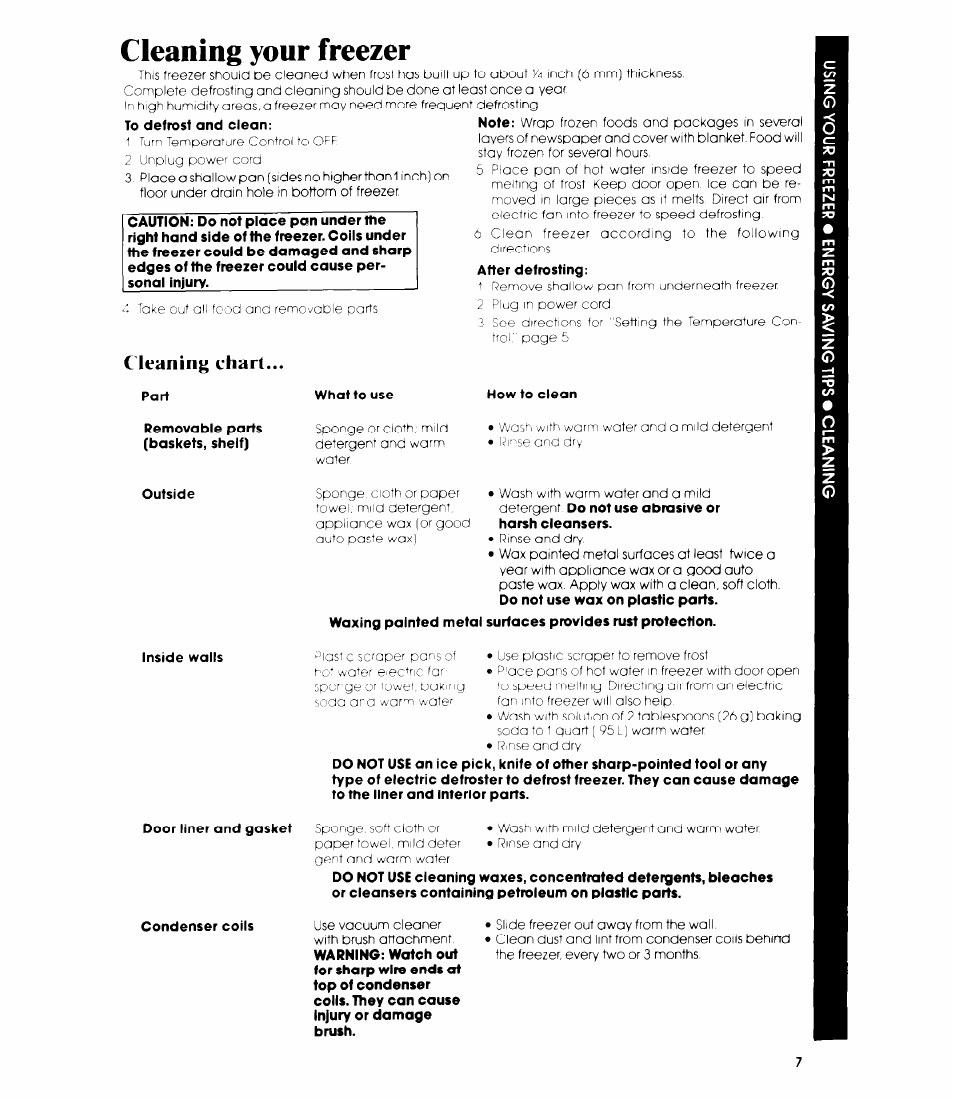 To defrost and clean, Cleaning chart, Part | What to use, How to ciean, Removabie parts (baskets, sheif), Inside walls, Door liner and gasket, Condenser coils, Cleaning your freezer | Whirlpool EV190E User Manual | Page 7 / 12