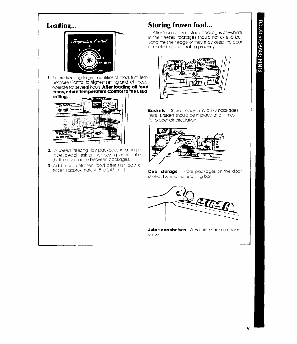 Loading, Storing frozen food, Juice can shelves | Whirlpool EV190E User Manual | Page 9 / 12
