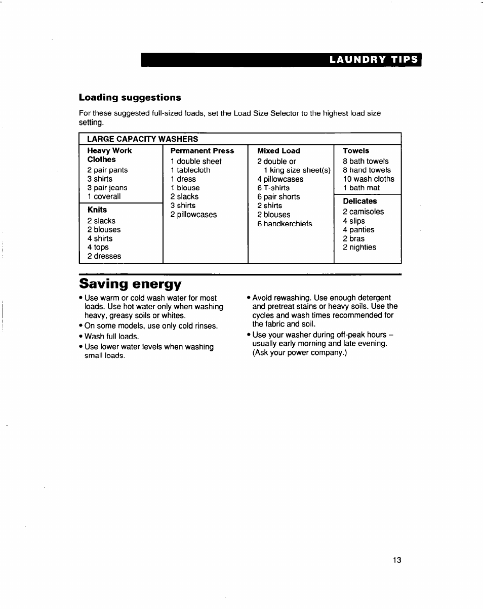 Loading suggestions, Saving energy | Whirlpool 3363565 User Manual | Page 13 / 22