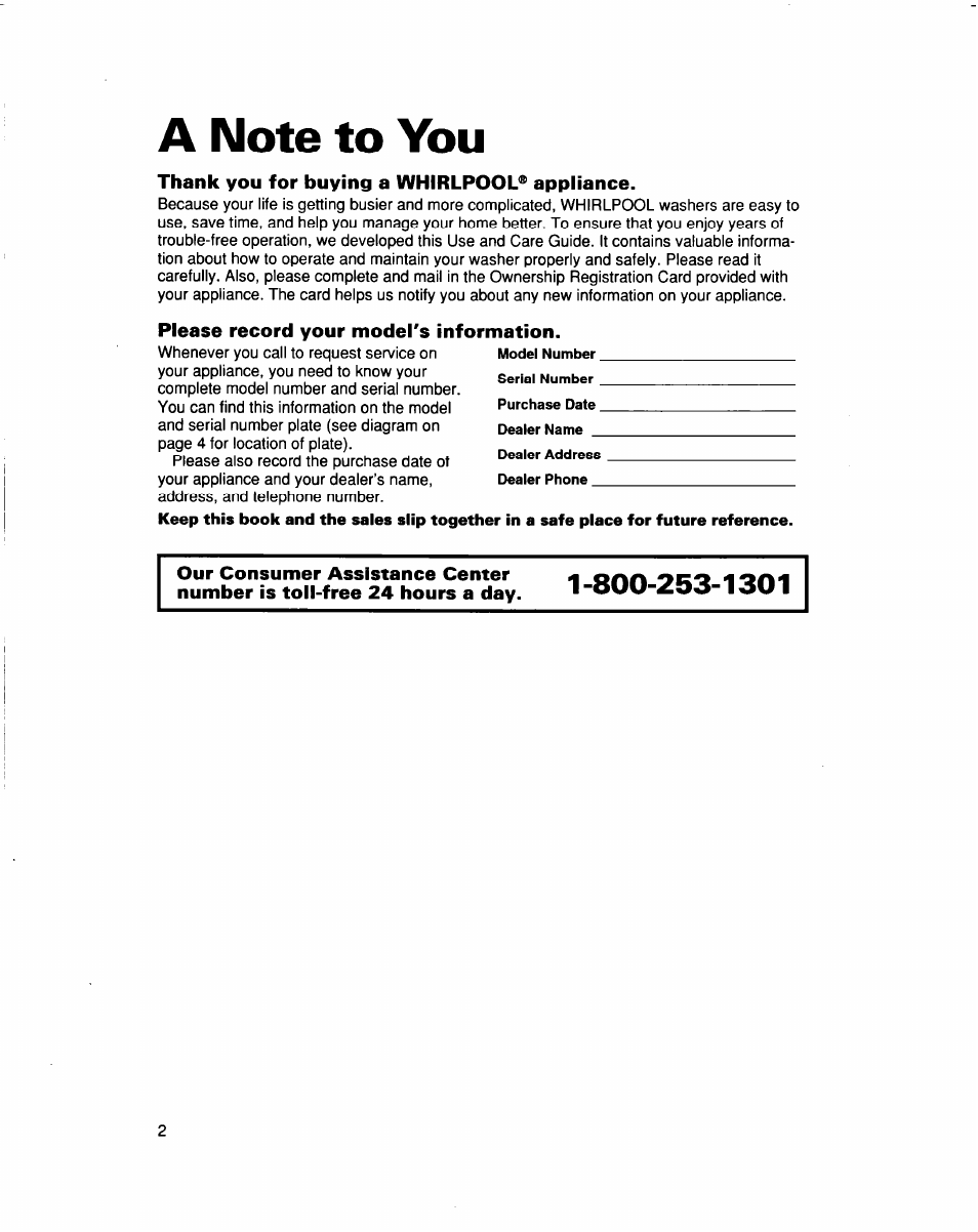 A note to you, Thank you for buying a whirlpool® appliance, Please record your model's information | Whirlpool 3363565 User Manual | Page 2 / 22