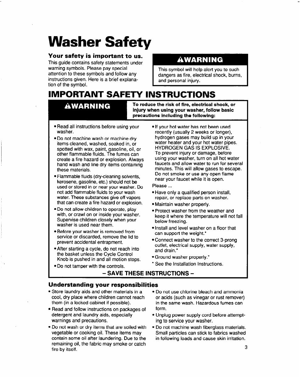 Washer safety, Your safety is important to us, Save these instructions | Understanding your responsibilities, Important safety instructions, Warning, Âwarning | Whirlpool 3363565 User Manual | Page 3 / 22